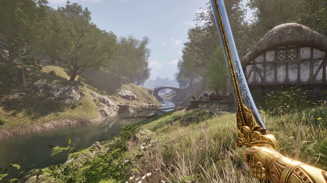 게임의 스크린 샷 The Elder Scrolls IV : 숲 글레이드를 통해 칼을 휘두르는 영웅과 강을 보여주는 Oblivion Remastered