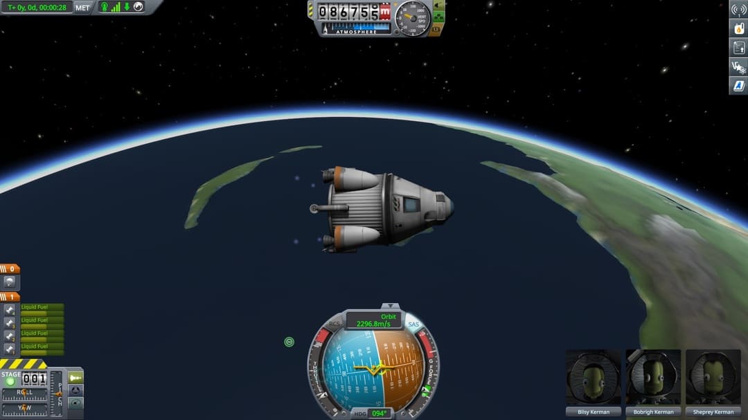 게임 Kerbal Space Program의 스크린 샷, 작은 우주-크래프트 궤도, 지구 같은 행성 Kerbol을 보여주는 스크린 샷