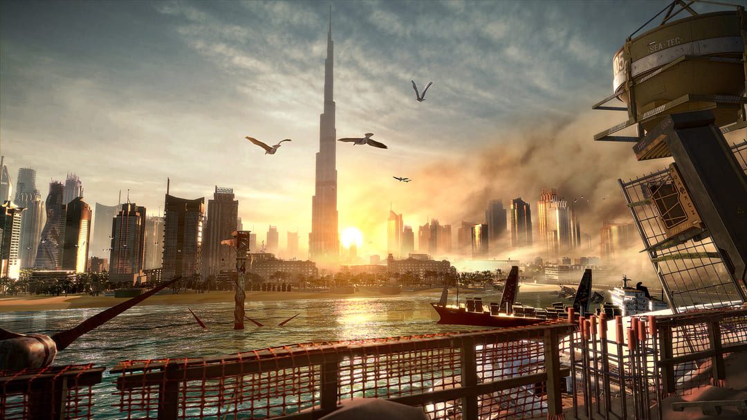 Game Deus Ex : Mankind가 강 뒤에 마천루를 보여주는 스크린 샷