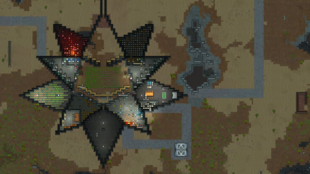 별 모양의베이스를 보여주는 게임 Rimworld의 스크린 샷