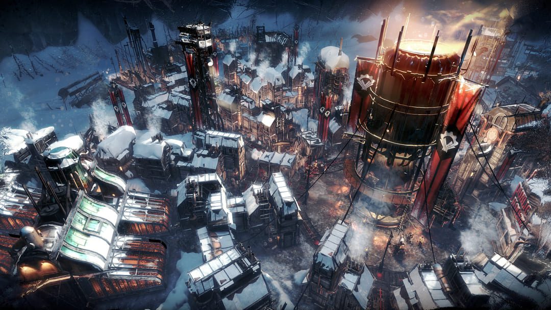 얼어 붙은 황무지에서 스팀 펑크 스타일의 도시를 보여주는 게임 Frostpunk의 스크린 샷