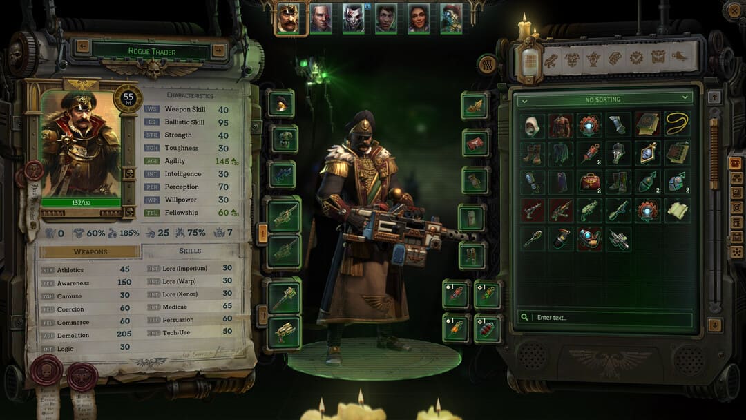 Game Warhammer 40,000의 스크린 샷 : Rogue Trader의 캐릭터 인벤토리 및 통계를 보여주는 도적 상인