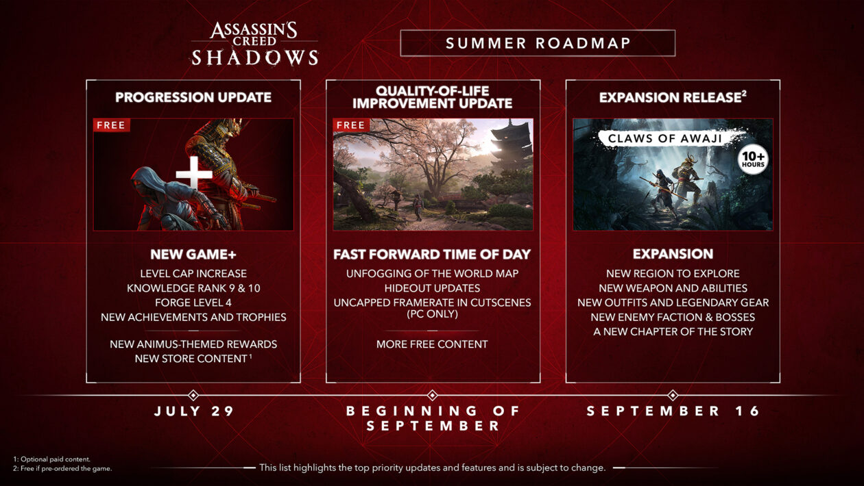 ACS Shadows 용 DLC Assassin 's Creed Shadows (빨간색), Ubisoft, DLC는 9 월 중순에 출시됩니다.