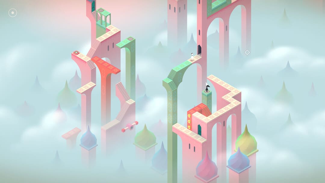Hazy 배경을 보여주는 Game Monument Valley의 스크린 샷과 MC Escher와 같은 Artchitecure