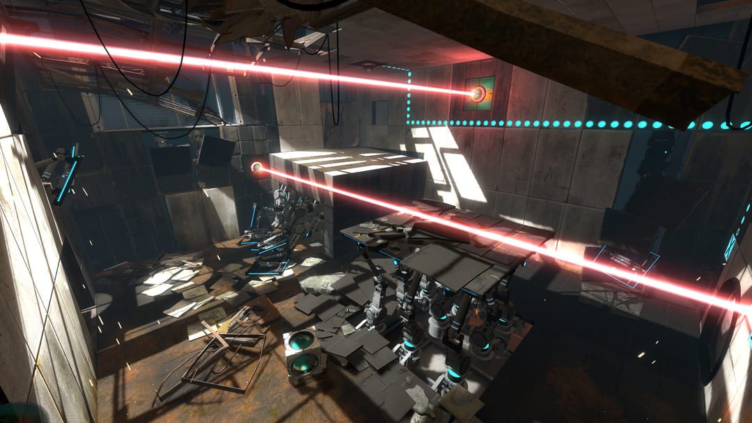 레드 레이저가있는 산업용 실을 보여주는 Game Portal 2의 스크린 샷.