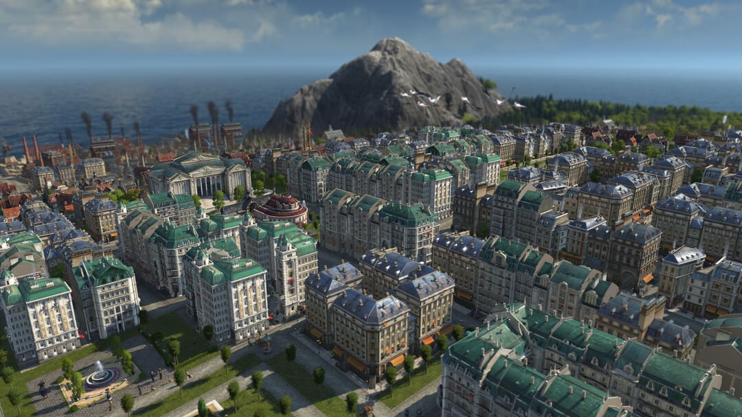 Game Anno 1800의 스크린 샷은 섬의 빅토리아 마을을 보여줍니다.