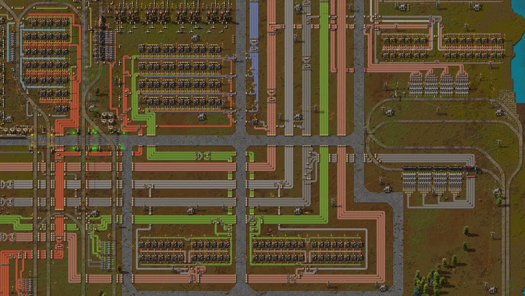 컨베이어 벨트 및 생산 시설을 보여주는 Game Factorio의 스크린 샷