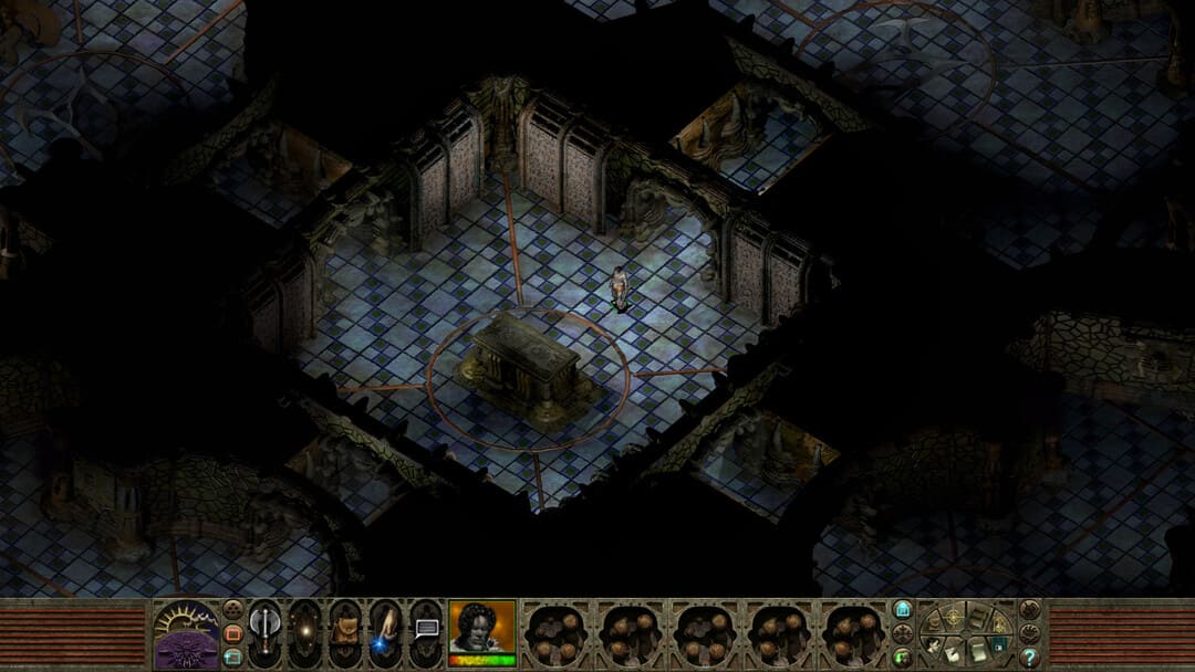 Game Planescape : Torment의 스크린 샷 : 무덤이있는 어두운 던전을 보여주는 강화판