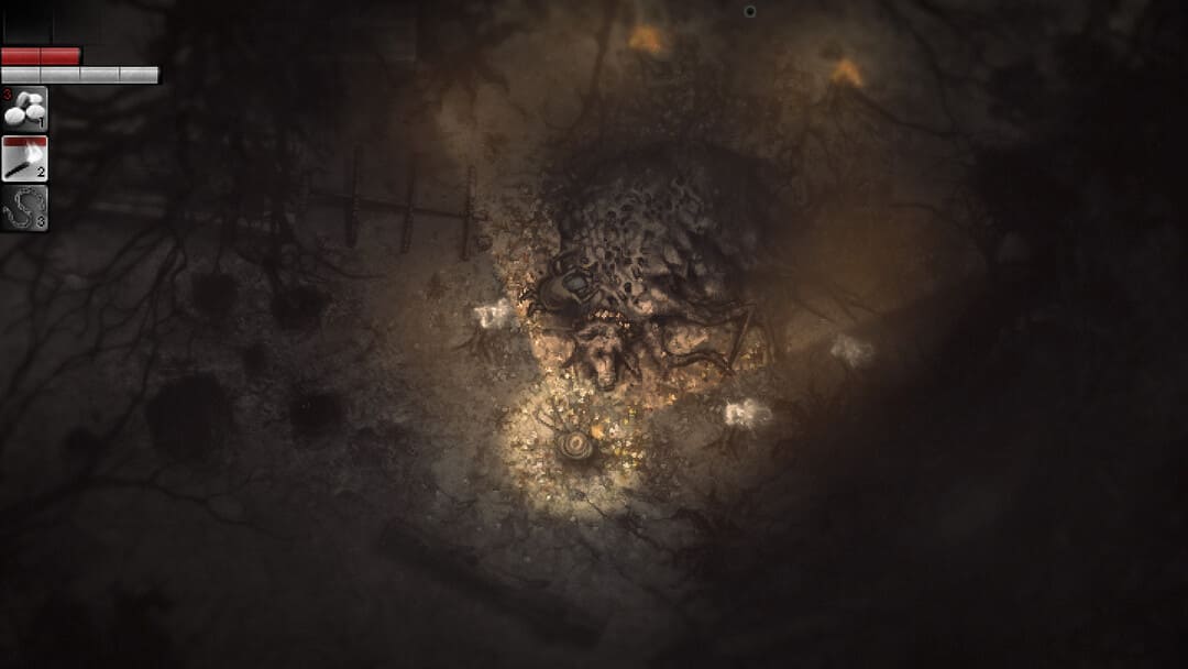 생물의 유골을 보여주는 게임 Darkwood의 스크린 샷, 하향식