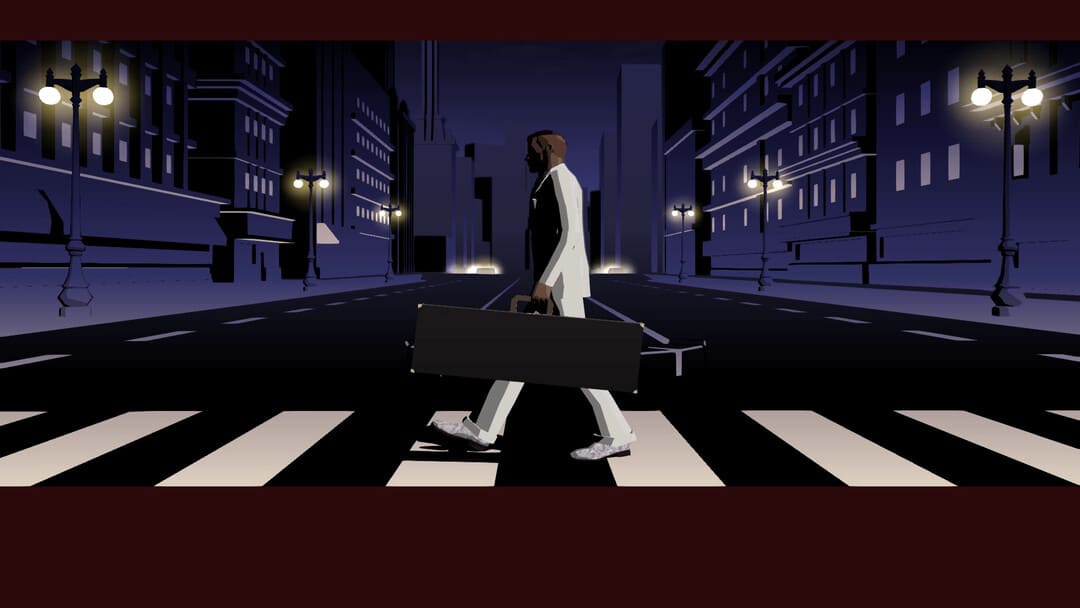 Game Killer7의 스크린 샷은 큰 직사각형 서류 가방을 가진 남자를 보여주고, 아마도 총을 들고 횡단 보도를 가로 질러 걷는 사람을 보여줍니다.