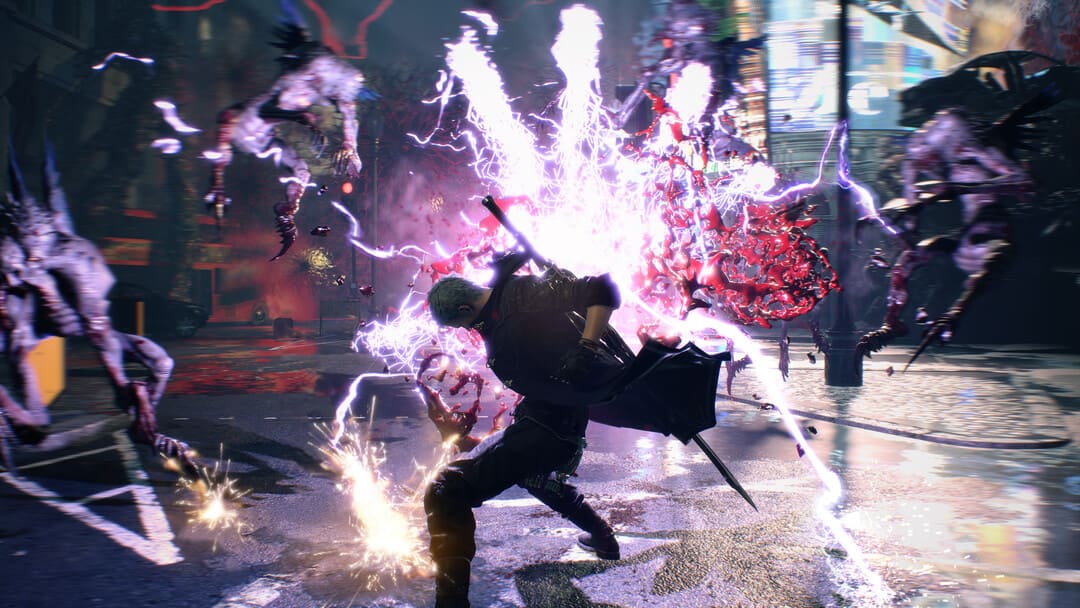 게임의 스크린 샷 Devil May Cry 5의 주요 영웅을 보여주는 주요 영웅을 보여줍니다.