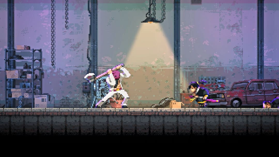 게임 Katana Zero의 스크린 샷 흰색 옷을 입고 도끼를 입은 픽셀 아트 스타일의 남자를 보여주는 핑크 발라 클라바