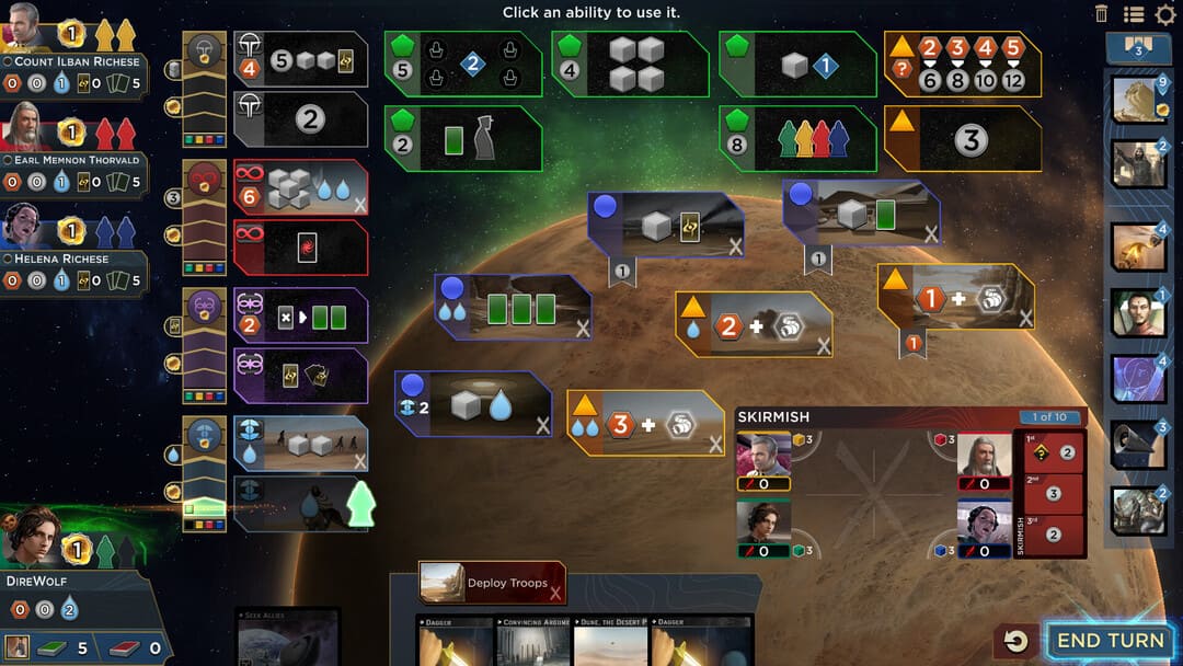 게임 Dune : Imperium의 스크린 샷 : 게임의 사용자 인터페이스를 보여주는 Imperium, Desert Planet Arrakis와 함께 배경