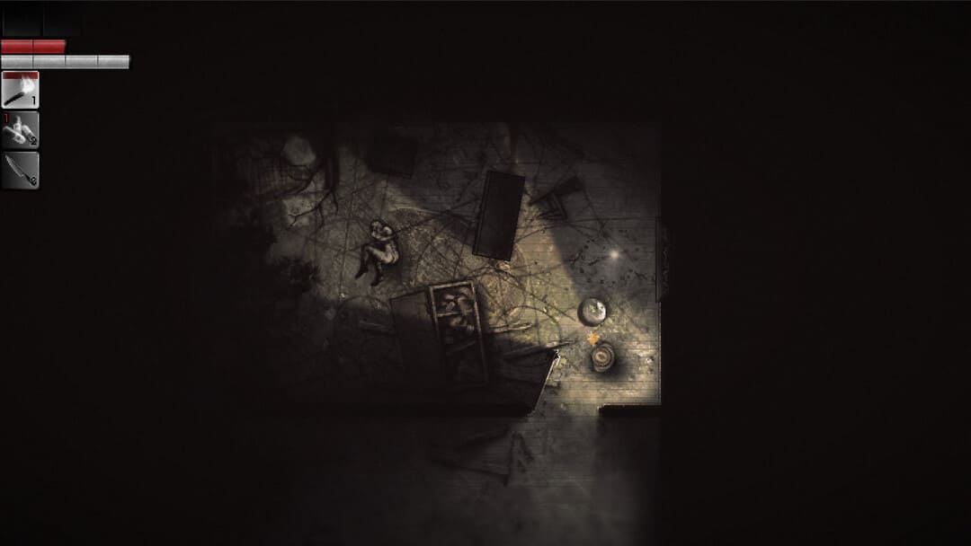 게임 Darkwood (2017)의 스크린 샷은 어둠 속에 시체가있는 방의 하향식 장면을 보여줍니다.