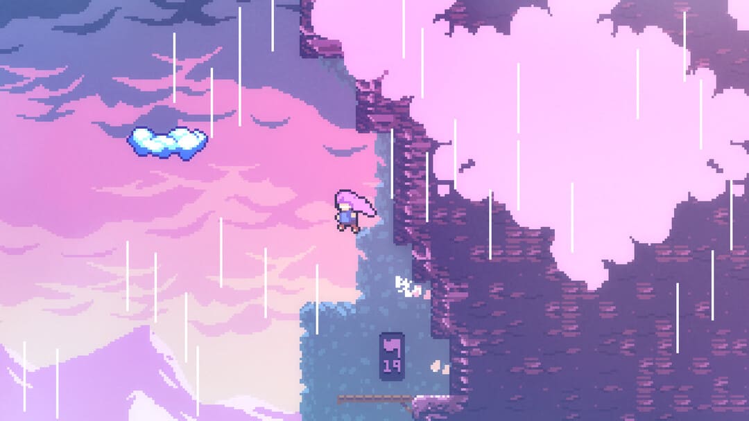 게임 셀레스트 (Celeste)의 스크린 샷 매드 라인이 픽셀 아트 스타일로 산을 내려 가면서