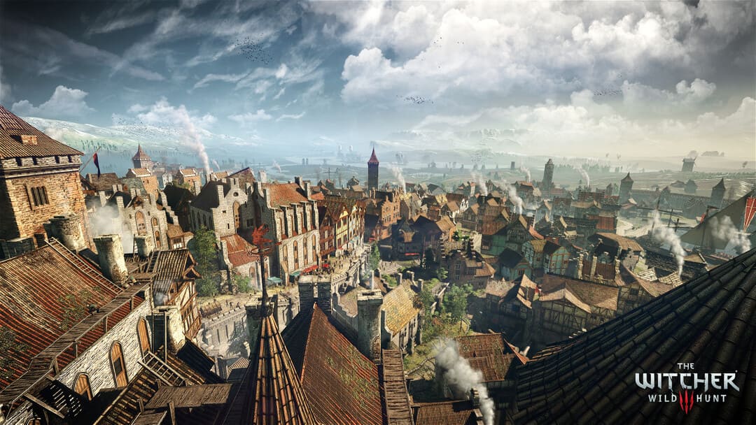 게임 The Witcher 3 : 중세 스타일 판타지 타운을 보여주는 야생 사냥의 스크린 샷 