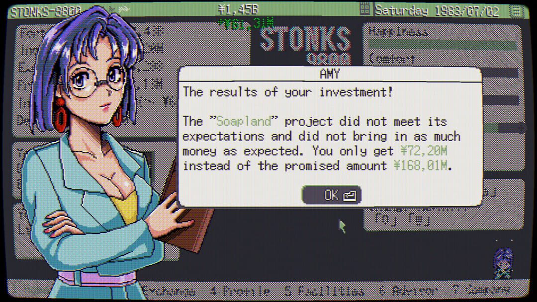 게임 Stonks-9800의 스크린 샷 : Amy가 당신에게 투자 결과를 알려주는 조수를 보여주는 주식 시장 시뮬레이터.