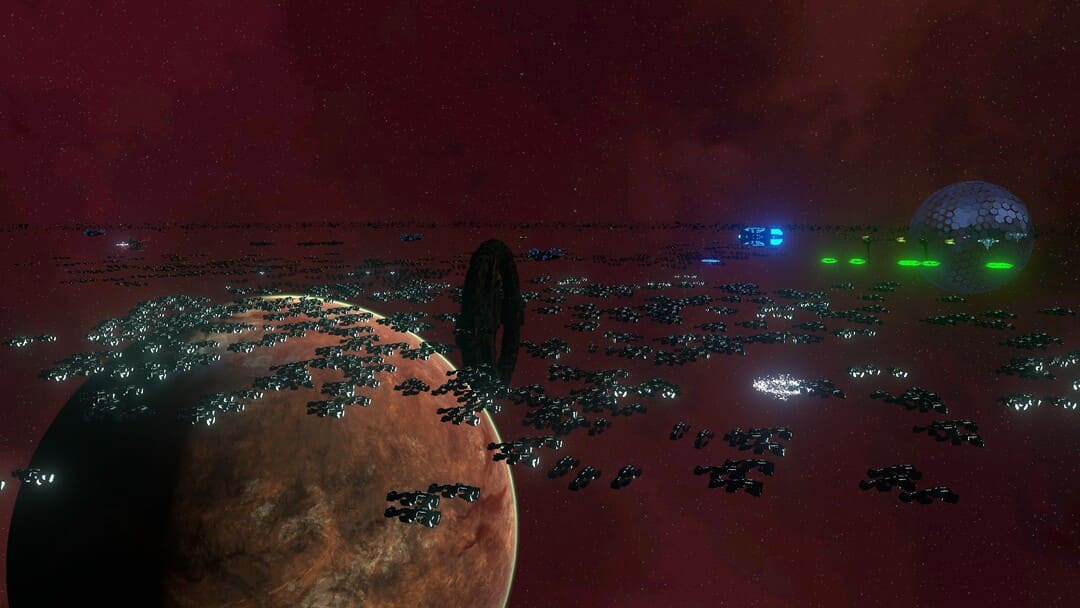 붉은 행성 주변의 우주선 함대를 보여주는 게임 AI War 2의 스크린 샷
