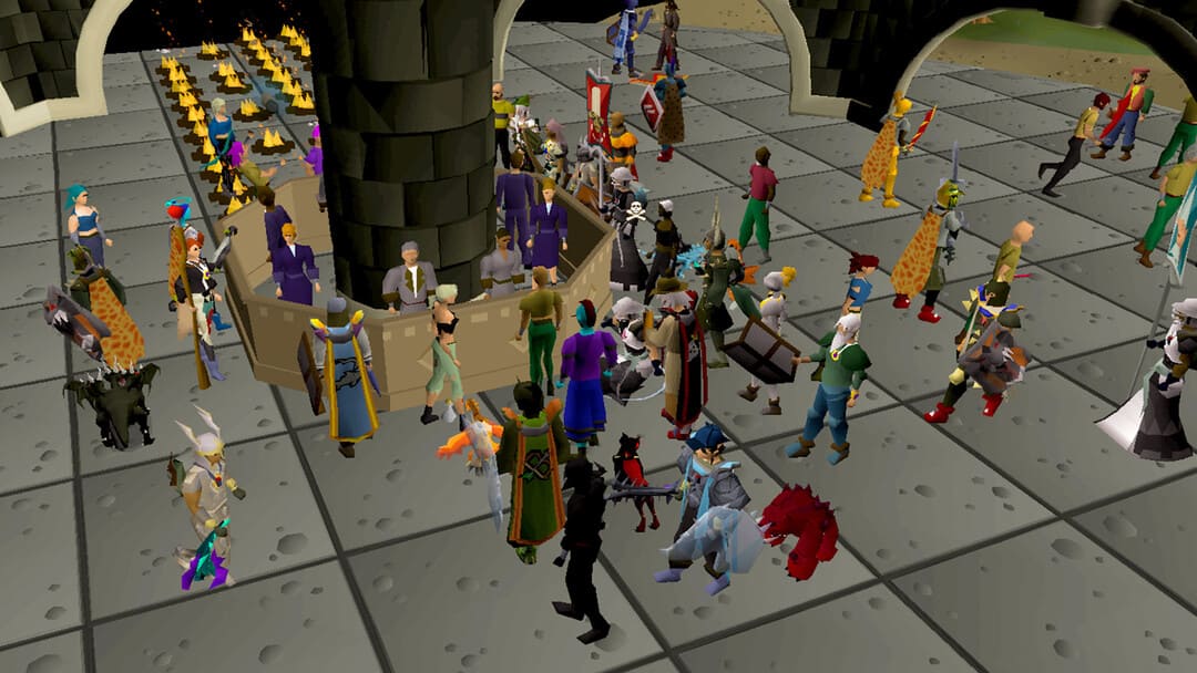 게임 Old School Runescape의 스크린 샷, 많은 캐릭터와 많은 캠프 파이어가 주위에 서있는 많은 캠프 파이어