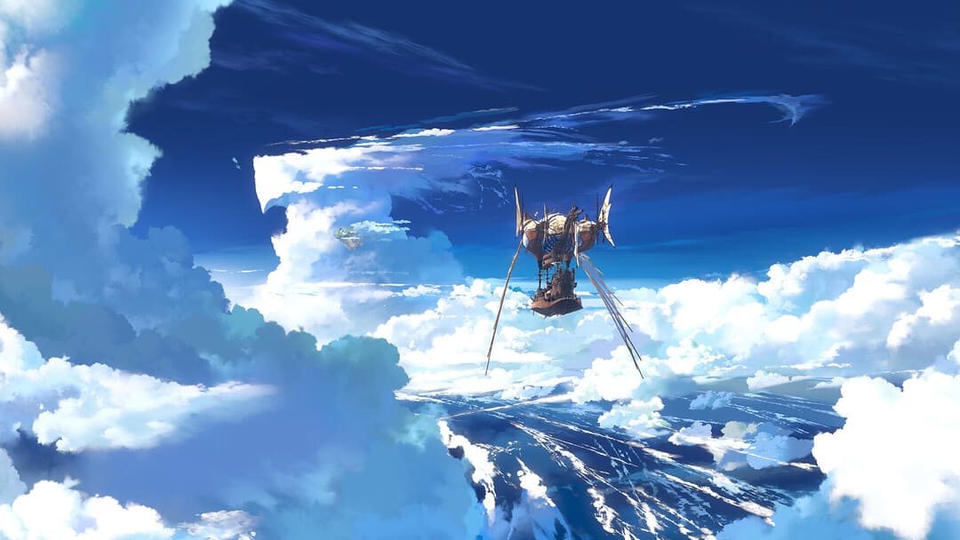 게임 Granblue Fantasy의 스크린 샷 : 두꺼운 구름 속에서 하늘에서 섬을 향해 여행하는 비행선을 보여주는 Relink