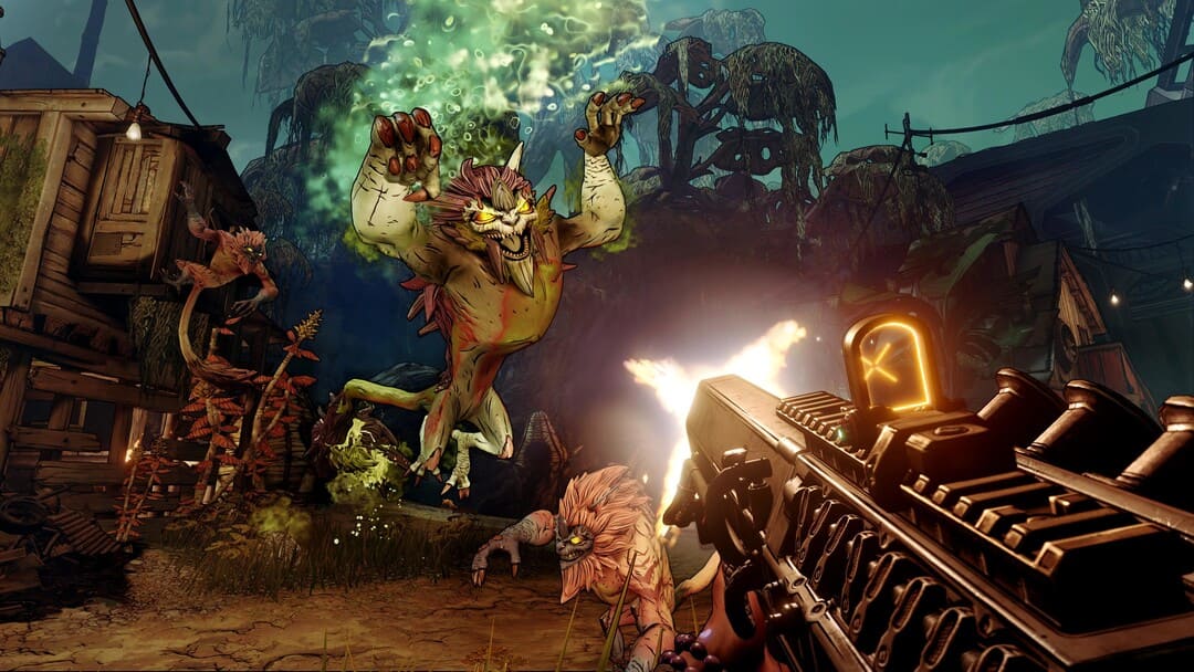 게임 Borderlands 3의 스크린 샷은 플레이어를 향해 점프하는 사자와 같은 생물을 보여주는 스크린 샷