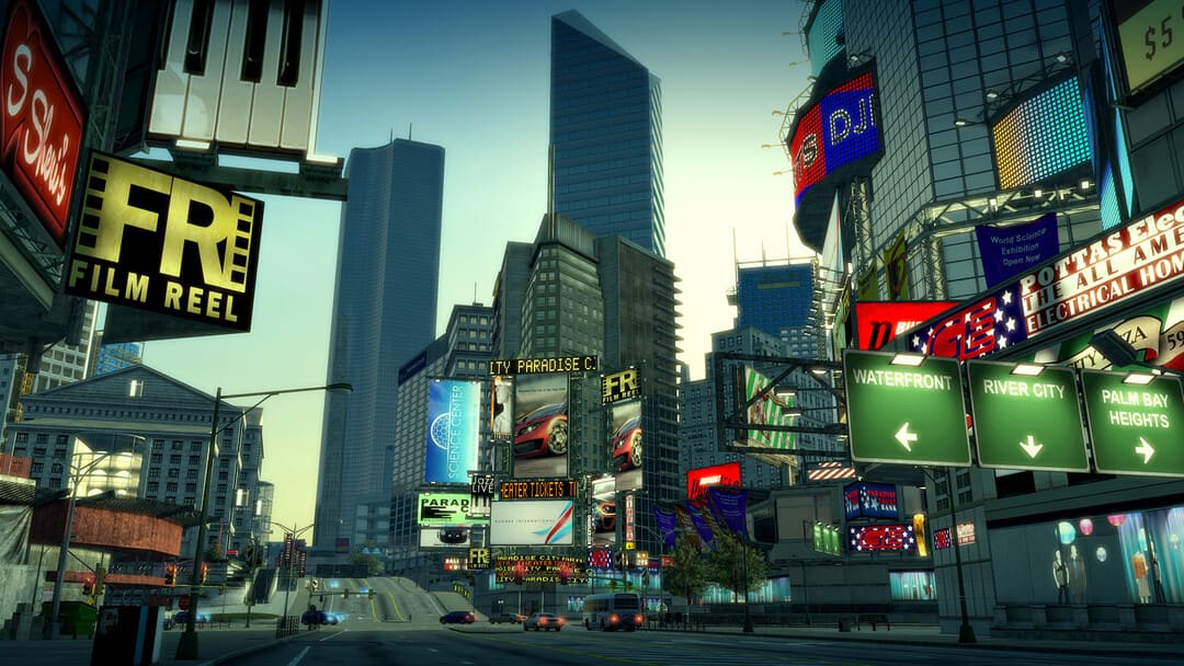 Game Burnout Paradise Remastered의 스크린 샷은 도시의 비즈니스 지구를 보여줍니다.