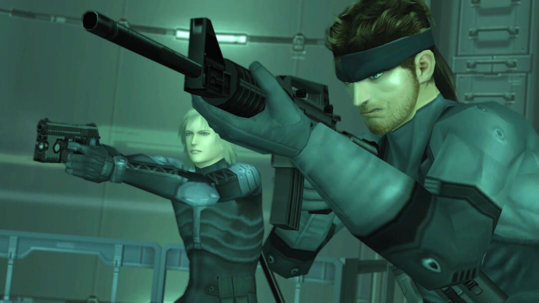 Game Metal Gear Solid 2 : Sons of Liberty의 스크린 샷 - 무기를 목표로 한 남자와 여자를 보여주는 마스터 컬렉션 버전