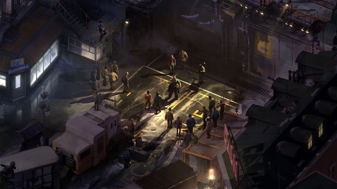 게임 디스코 엘리시움 (Game Disco Elysium)의 스크린 샷 - 마지막 컷은 한 남자가 중간에서 말하면서 거대한 닫힌 문을 열기 전에 밤에 서있는 사람들을 보여줍니다.