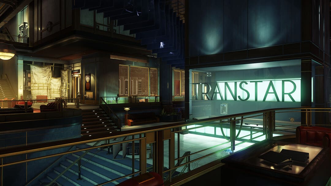 게임 먹이의 스크린 샷은 우주 정거장에서 60 년대에 영감을 얻은 장식의 계단 상단에있는 Transtar라는 단어를 보여주는 스크린 샷