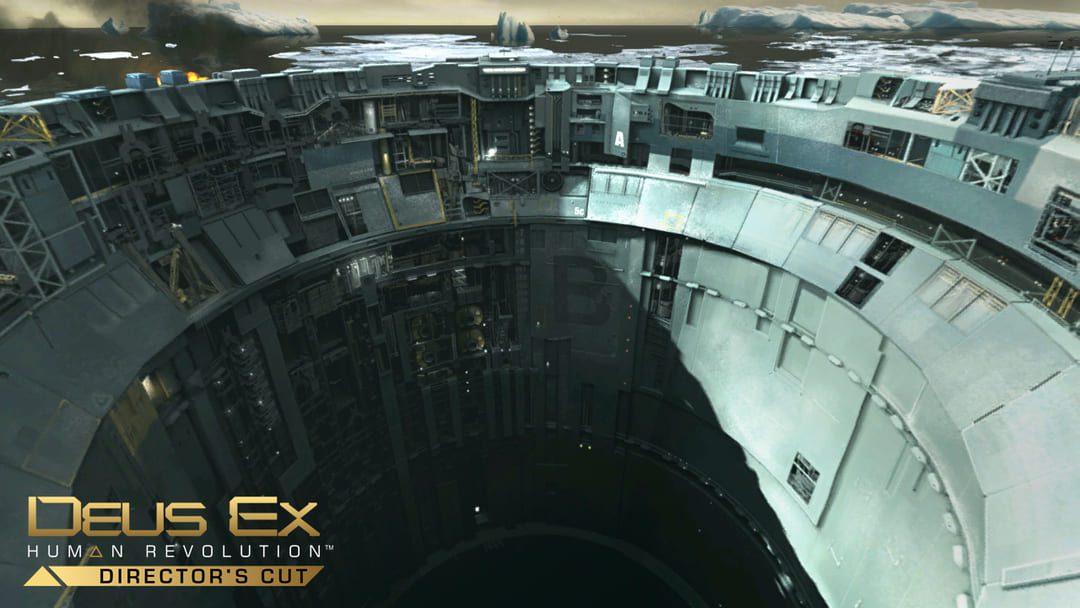 Game Deus의 스크린 샷 Ex : Human Revolution- 바다에 속이 빈 원통형 산업 건물을 보여주는 감독의 컷 